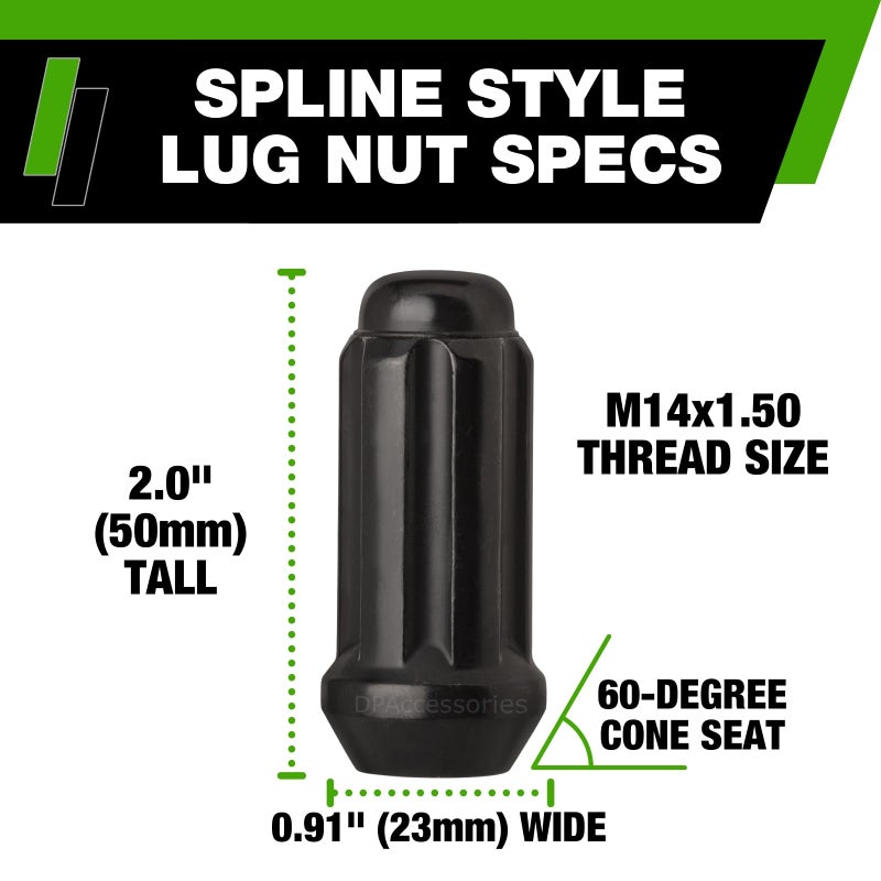 DPAccessories Black M14x1.5 Lug Nuts for Aftermarket Wheels - Closed End Duplex XL Spline Tuner - 51mm (2") Tall - Set of 24 - D5148P-2305/24 - Image 3